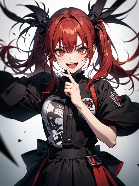  red hair、long、punkな服、Jagged teeth、 is laughing、 1 girl、 cute、 is cool、Pose、High image quality、Mullet、tooth、 long twin tails、punk、Gothic、Gothic Lolita、決めPose、 is cool顔、Kunai、Pose、 bangs between my eyes,  best quality,  I have a gun、Embracing a long gun、arm...