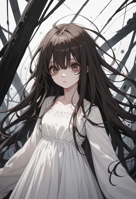 pretty anime woman with long black messy hair with bangs, dark brown eyes, dark circles under the eyes wearing white dress like Sadako