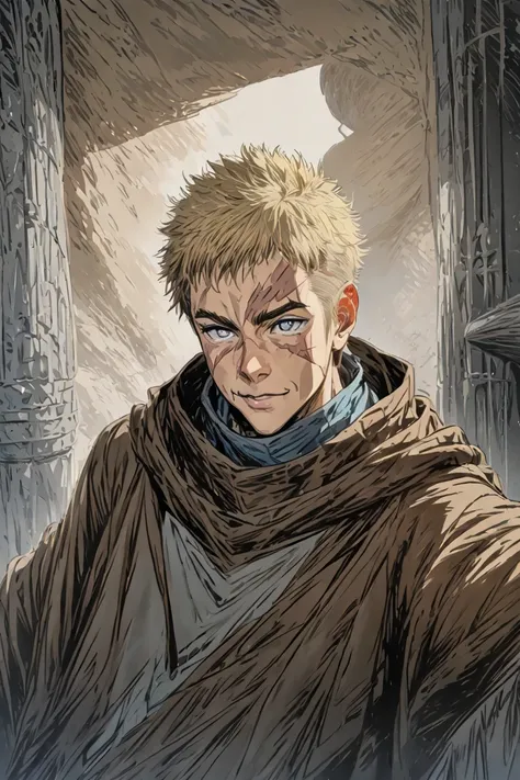 man ,blond, Grey eye , friendly, DND clothes, cloak, Loose good clothes, Leather Armor, black brown and blue colors ,big scar , ( masterpiece), ( best quality), ( ultra detailed )