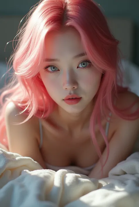 A portrait of a really beautiful chinese 26 year old pink hair girl,blue eyes,looking at camera and laying on bed 