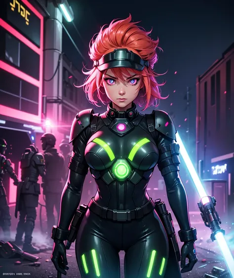 Military woman with an ultra futuristic military uniform design in a post-apocalyptic world, a helmet on her head with electrical cables and lights and with a luminous gas mask. The outfit is predominantly green and yellow. The outfit is luminous and creat...