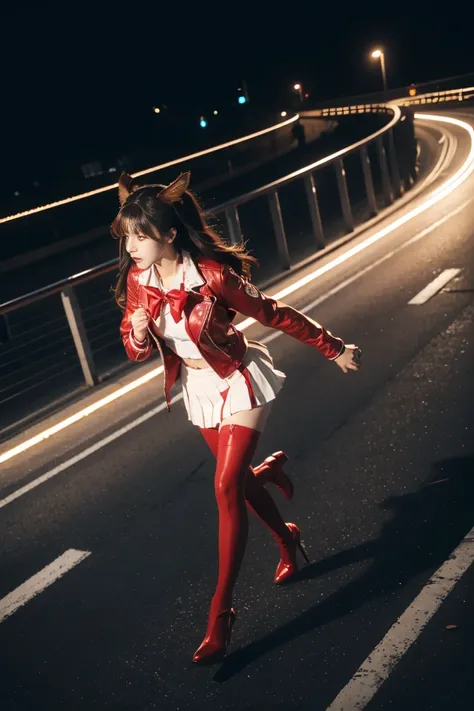 masterpiece,  Top Quality ,, Maruzenski (Uma Musume),, red thigh-length stockings, red jacket,  pleated skirt , red skirt, Long sleeves,  high collar , red shirt, Open jacket, white bow, Open clothes, high heel boots, Asphalt road, running, trace of eyes, ...