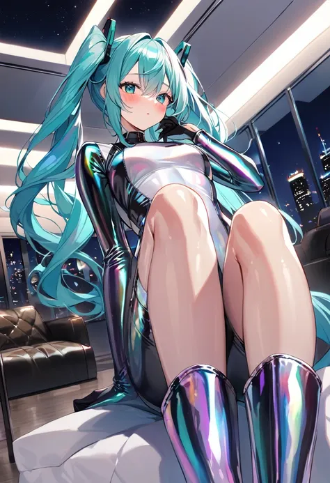 (hatsune miku:1.2), (metallic iridescent competition swimsuit, turtleneck, latex, highlegs, skin tight, tight:1.2), (body harness:1.4), (metallic iridescent long sleeves gloves, latex:1.4), (metallic iridescent knee high boots:1.4), (blush:1.4), (gleaming ...