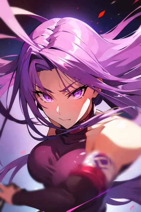 fate/staynight , medusa 、 purple eyes、 purple hair、masterpiece、 best quality、 big chest、intense combat、lightning is flying aroun...