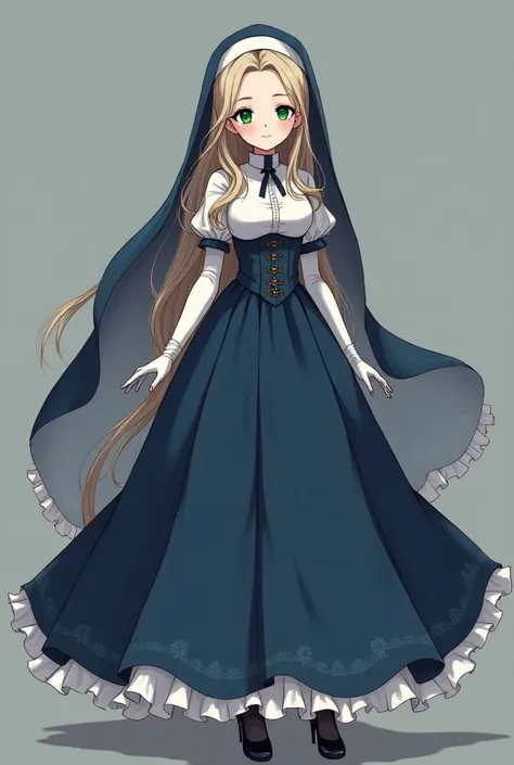 Beautiful young adult female anime nun very pretty elegant well-behaved and delicate hair very long straight soft blonde hair over eyes on shoulders and loose beautiful and shiny emerald green eyes delicate white skin soft delicate face very beautiful deli...