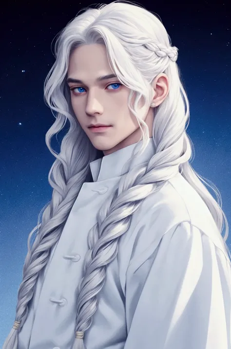  varón japonés albino, soft look,  calm expression, subtle smile,  long braided white hair ,  long parted wavy hair, attractive, handsome,  blue eyes ,  mature and virile man .  Shorter wavy hair. . alfa, dominant. 