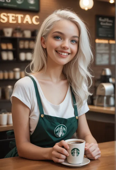 Young girl with white hair and light blue eyes and a big smile in a coffee shop,  hyper detailed photograph , realistic with soft light , portrait