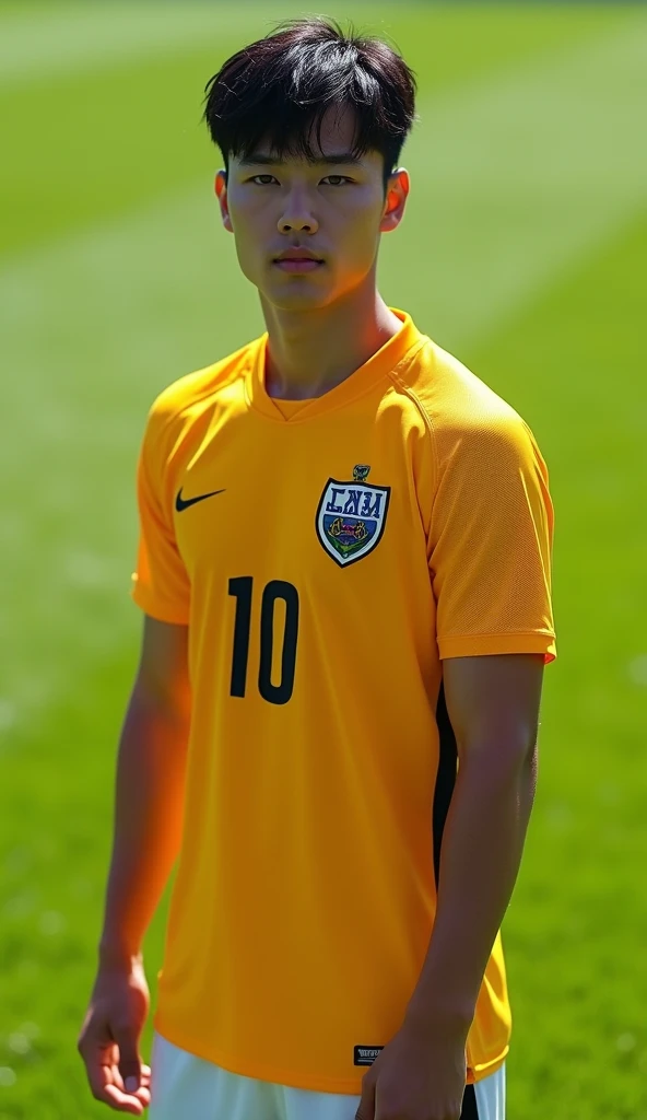 a Korean young male model, shiny and glossy soccer uniform, nike soccer shoes, standing on soccer field, detailed facial features, intricate details, masterpiece, 8k, photorealistic, cinematic lighting, vibrant colors, dynamic composition, athletic pose