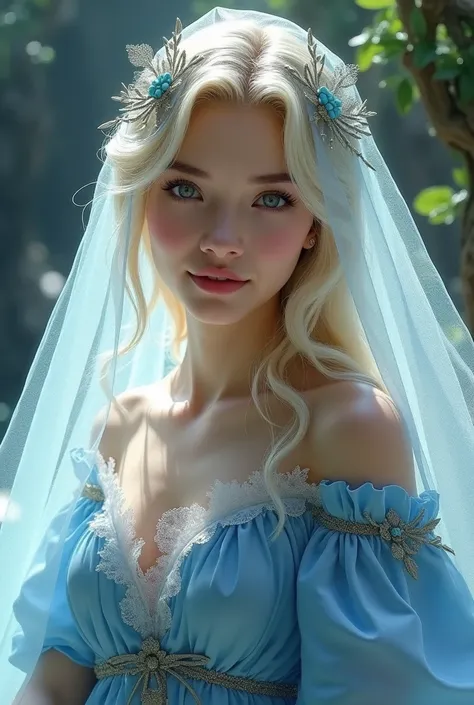 blond haired woman in blue dress with veil and veil over head, beautiful fantasy maiden, detailed fantasy art, beautiful fantasy art, blonde - haired princess, artgerm on artstation pixiv, beautiful maiden