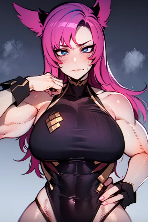  Hybrid female character art ,  with animal and human traits .  She has long and voluminous pink hair ,  bright and penetrating blue eyes ,  provocative and trusting expression . The body is muscular, with defined abdomen,  strong arms and traces of gray I...