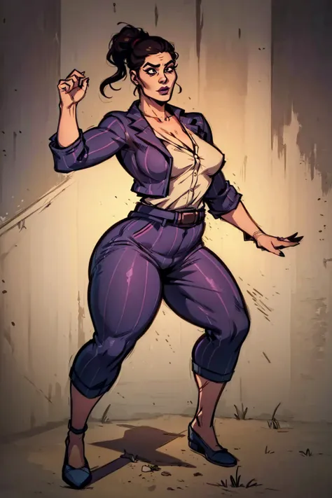 Digital art, highly detailed, angled view, sexy standing pose, legs spread apart, hands held up in a fighting form, mature woman, adult female, full curvy figure, whole body, form-fitting, Jane Romero (Dead by Daylight) inspired costume, pinstriped blazer,...