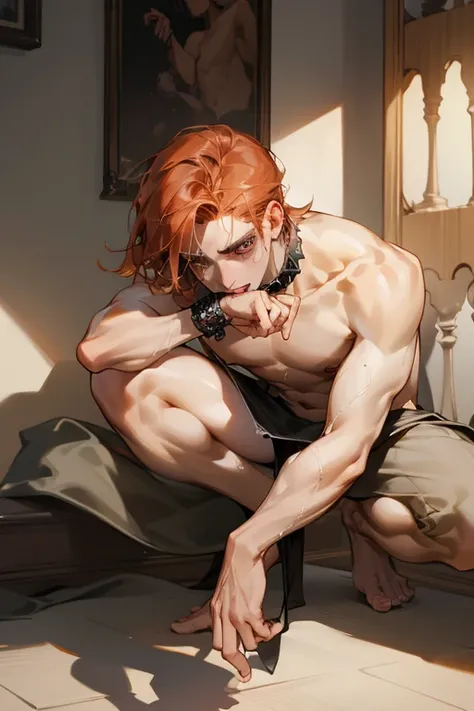 ornate, Sexy Eyes, gazing at viewer, constricted, (shadows cast over the face:1.3), sexy expression, (30 Age Male), Wild, (1 Adult Male), Solo, Long Bangs as Asymmetrical Side-Parted Hairstyle With Layered & Textured cut, ((Naked)), Nude, ((Topless)), Body...