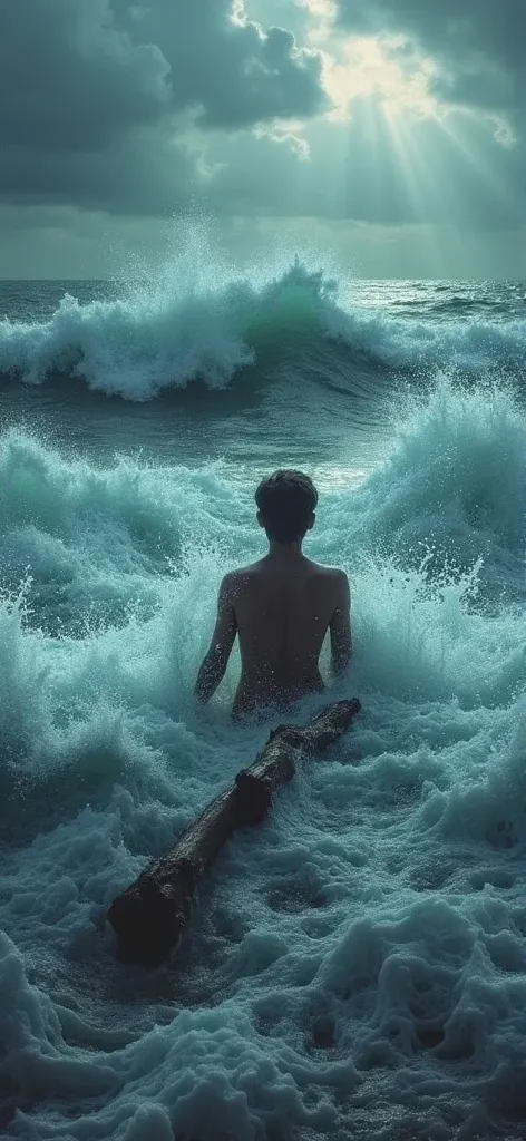 A stormy ocean scene where a person is trying to stay afloat, clinging to a piece of driftwood. Waves crash over them, formed by negative words like "helpless," "hopeless," and "despair," dragging them under the surface.

