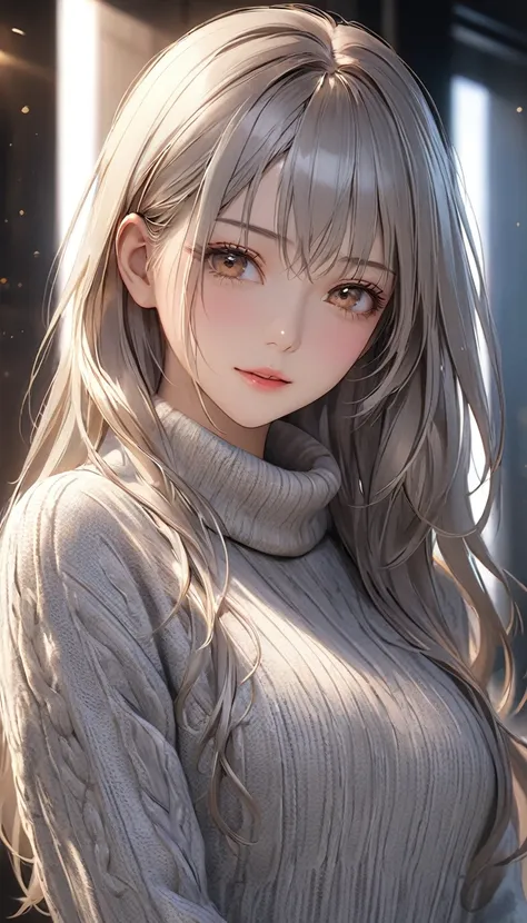 ( best quality,  high definition ,  very detailed), Realistic, Very beautiful 8K, CG wallpaper,  perfect and beautiful face, silver long hair, sweater dress,  soft light youre handling,