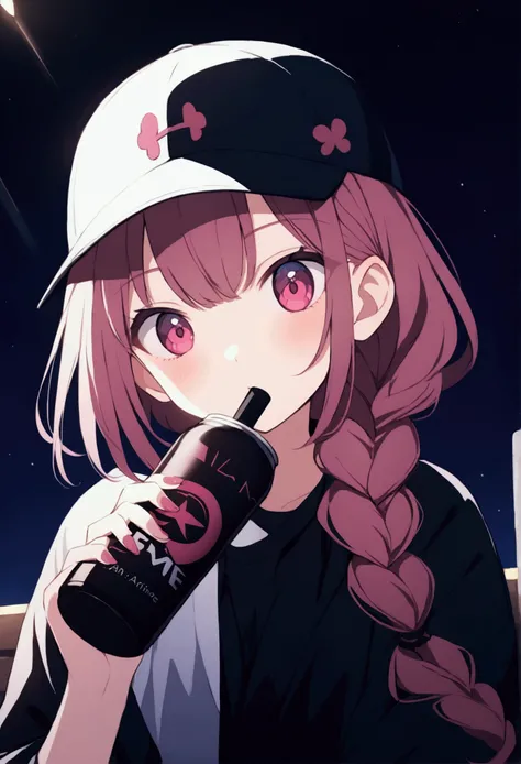  Anime girl with braided hair drinking a drink， Wearing a baseball cap ,  Anime girls drink energy drink  , cute anime girl,  soda themed girl , pretty anime girl,  anime style 4k , beautiful anime girl, (Chica anime), Chica anime, of a young anime girl, A...