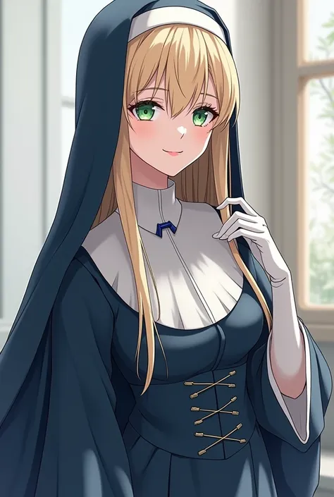 Beautiful young adult female anime nun very pretty elegant well-behaved and delicate hair very long straight soft blonde hair over eyes on shoulders and loose beautiful and shiny emerald green eyes delicate white skin soft delicate face very beautiful deli...