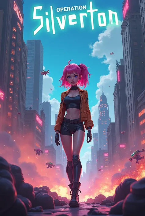  Create an image with a Futurama style girl ,  with robots destroying the city trying to dominate the world and her trying to save the city as the last survivor, written up there  "Operation Silverton "