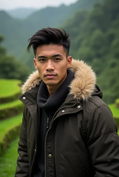 Pria remaja ganteng Indonesia. Memakai jaket musim dingin bulu. Rambut pendek berponi background Pandawa bali