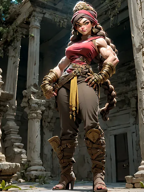 Female fantasy Dwarf, short stature, stocky build, muscular, freckles, long brown hair, braids, wide hips, large body, yellow bandage dress, wide pants with slits, fighting pose, large gloves, large boots, full body shot, temple ruins