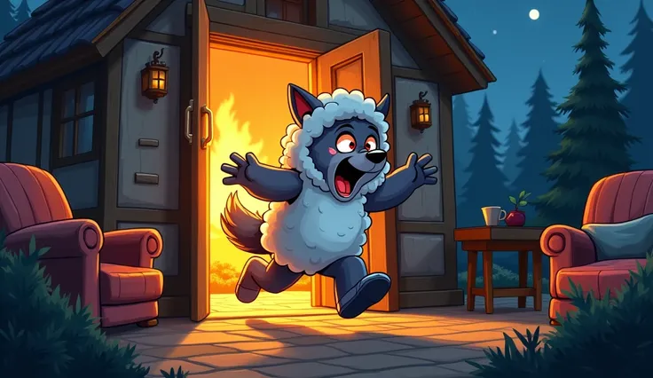 Red face,watered eyes cartoon wolf( wearing sheep costume) running towards the door( going outside the room ) inside a cozy cottage at night time 