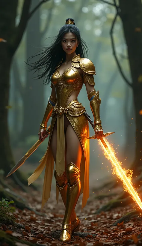 a beautiful Asian woman, dressed in medieval warrior costume, golden metal armor, in the middle of the dark forest, with a flaming sword in his hand