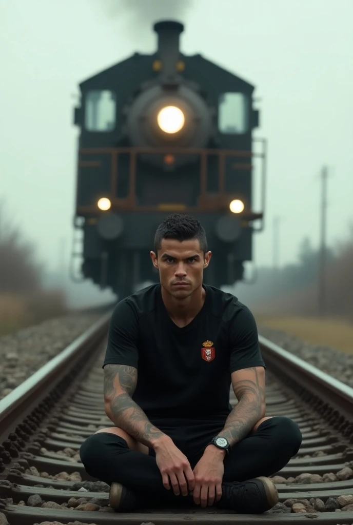 Ronaldo is sitting on the train track and the train is coming from behind