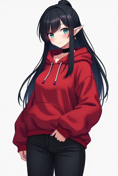 female with long black hair, cyan eyes, pointy ears, really curvy, extra large ass, extra large breasts, pointy ears. She wears an oversized red hoodie, a black choker, an pair of black oversized jeans, purple sneakers and an single golden earring. Anime s...