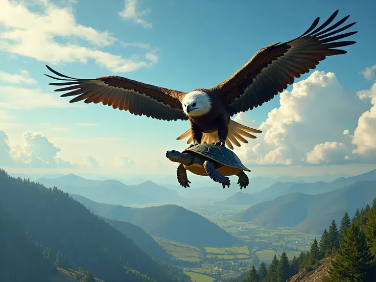 Create an eagle carrying a turtle and showing it the landscape from the sky