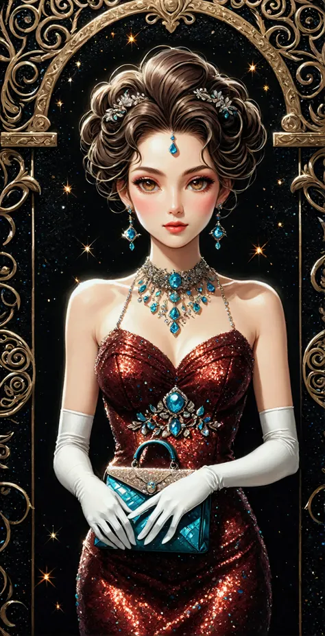 illustration of a woman with glitter dark red evening dress, (white long gloves), large necklace with diamonds, earrings, (Small brightly coloured bag with intricate beaded pattern), up-do hairstyle, 
At the entrance to the  venue, 
Vivid contrasts, Gentle...