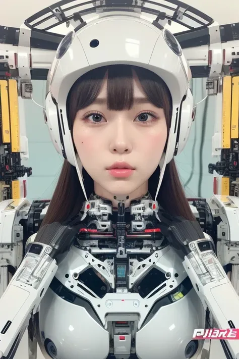 masterpiece, best quality, extremely detailed,portrait,upper body,front view,Japaese android girl,Plump, control panels,android,Droid,Mechanical Hand, Robot arms and legs,Blunt bangs,long tube,thick cable connected her neck,