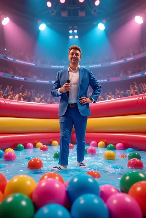 Generate a vibrant and funny image of a MrBeast character hosting a game show in a giant inflatable pool filled with colorful balls. The scene includes contestants dressed as superheroes, laughing, and diving into the pool to find hidden treasures. The bac...