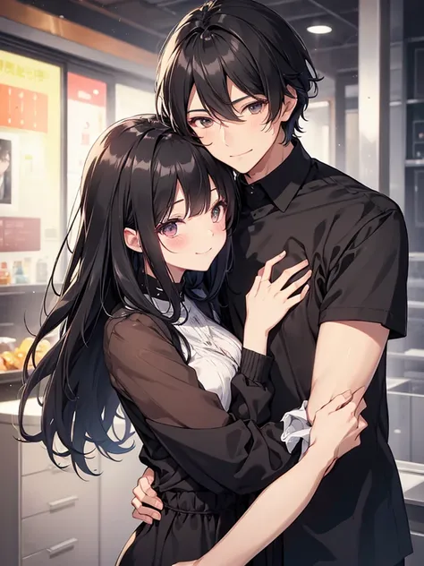 　dark-haired girl center part、 Black Haired Short Haired Boy Center Part 、 hugging each other、 couples after insertion、 cute、Perfect High Resolution ,  gaze, smile,  blushes, 2 people