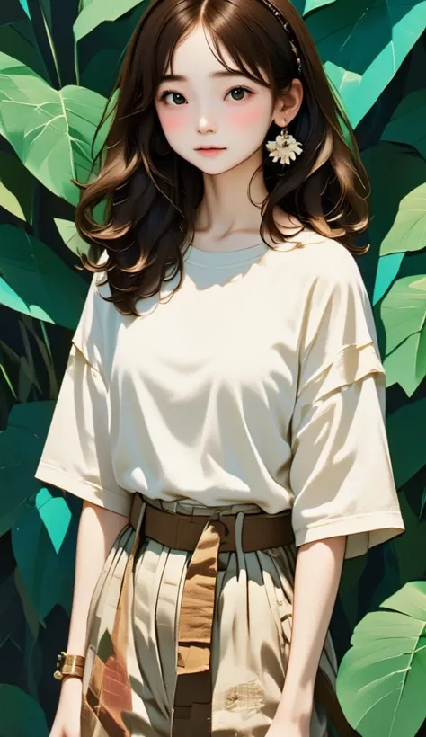 Geometric background:1.3、dark、 cute girl hair、Look Away、white baggy Ｔ shirt、プリント shirt、 loose fit garment、Retro、 best quality、Super detailed、High quality details、green