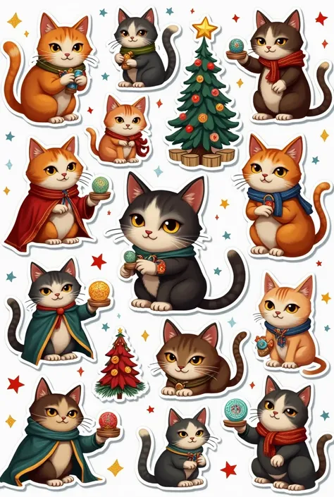 20 Christmas-themed cats, lined up, presented in sticker form. Cats have gestures, not like, and divination-related paraphernalia are used.