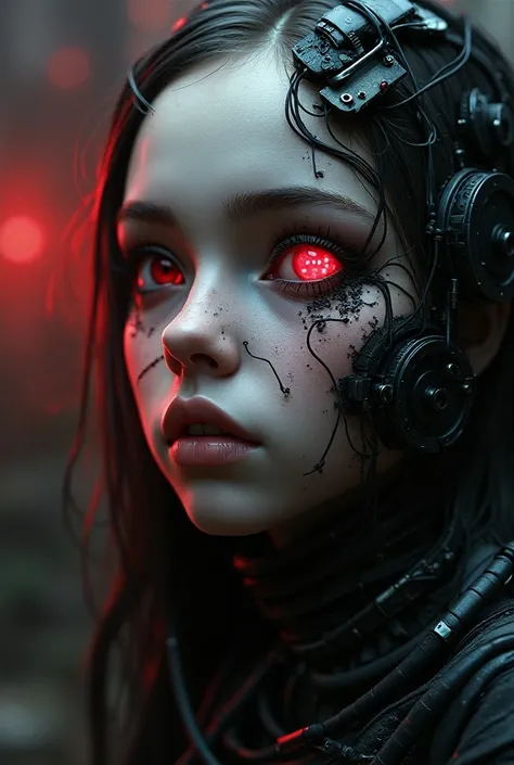 CREATE AN IMAGE OF ALICE IN WONDERLANDS FACE ONLY RELATED TO TECHNOLOGY , IN RED BLACK TONES IN CYBERPUNK STYLE 