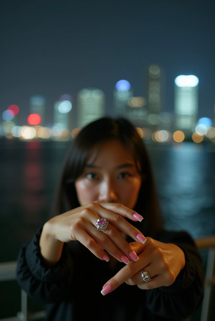 The  female tycoon shows expensive nail art and affection, but her face shouldnt come out too much, so she blurs the focus. The location of the face is at night outside a high-rise apartment in Gangnam, and the view of Han River shouldnt be too pictorial; ...