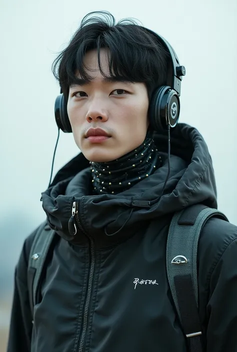 Young man Korean 20yo with headphones and a helmet on his shoulders, with robotic parts on his face, a teen biopunk cyborg, human like a cyborg, ( ( robot cyborgs ) ), wearing epic bionic implants, bionics, intricate transhuman, with robotic arms, robotic ...