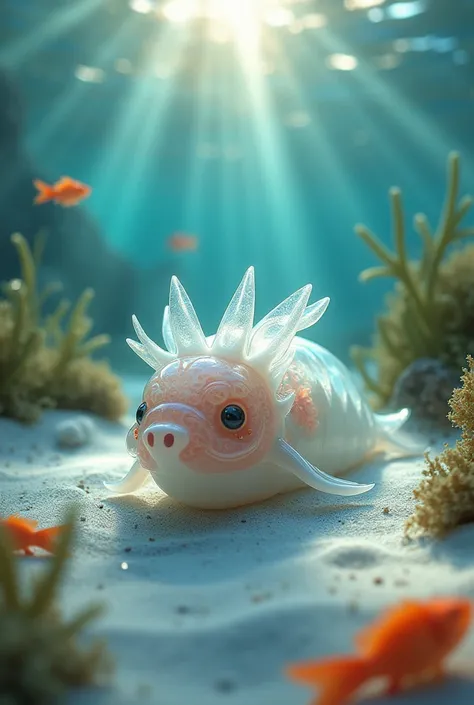 A photo of a completely translucent sea slug with vividly colored organs and patterns visible through its skin, big, round eyes, a cute seal-like face with a small horn, and adorable folds on its body, gracefully crawling on pure white sand with lush green...