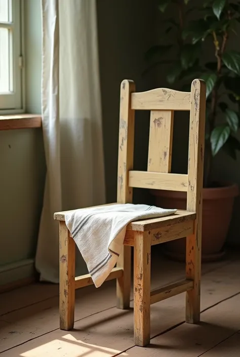 A worn wooden chair on which he has a tea towel placed seen in 3/4