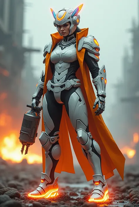 Full body  background war  ,  a muscular mighty strong woman  ,  wears a white orange body amor knight costume with a cool and radiant samurai  ,  symmetricalrant jacket surround his body ,a colorful iridenscent liquid fiber optic  cyberborg flying on his ...