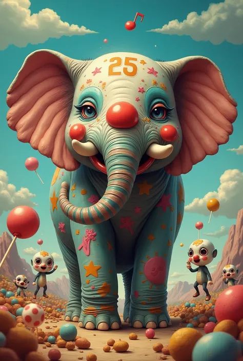 Clown-faced elephant eating potatoes with lollipops on March 25th with ETS in the background playing head-over-heels