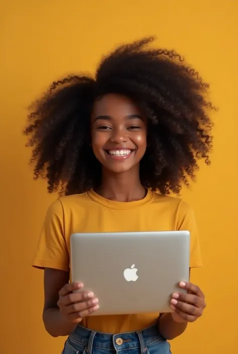 An 18-year-old black girl with big wavy hair is happy with a computer in her hand