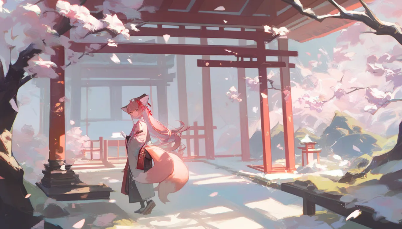 nine tailed fox, background is japanese temple, cherry blossom, light,