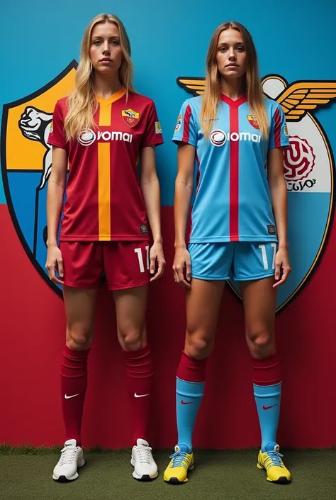 Two womens Standing kit in As Roma and Lazio with background Both Team Logo