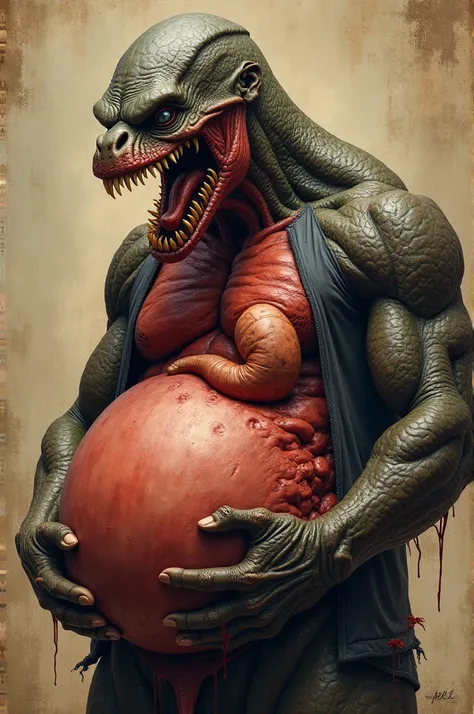 Could you create an image about vore of someone being inside the stomach of someone else? Probably by making the preditor have a massive bulging stomach to show that there is likely someone inside his stomach.