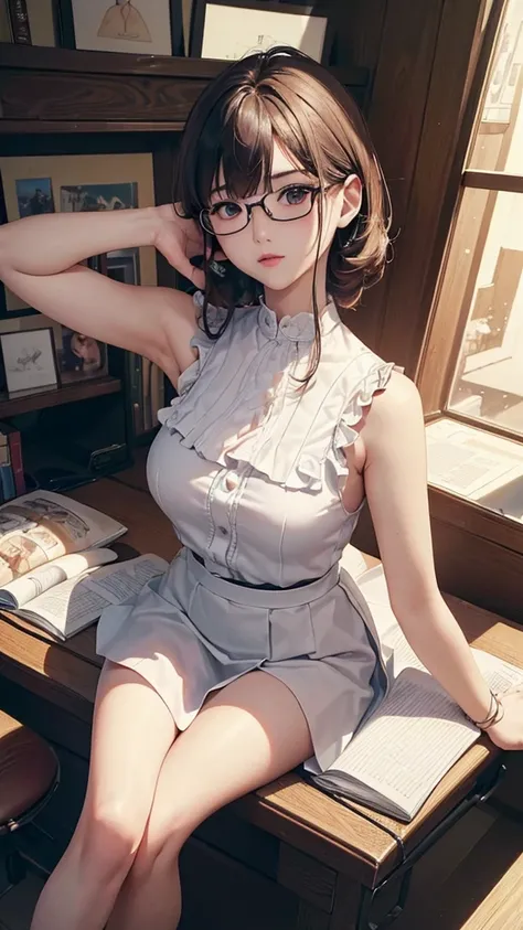 ((Best Quality)), ((傑Best Quality、masterpiece、High sensitivity、 high resolution on down、詳細な描写、 Delicate Facial Description)), Slender woman、Glasses、 newscaster 、Sit down、sleeveless shirt, show armpit, arms up,