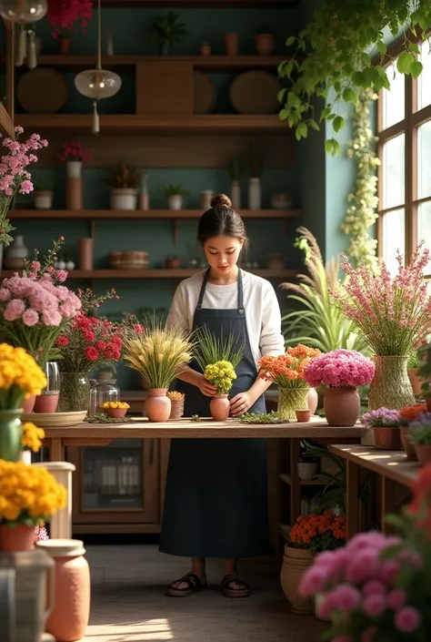  Depict a master selling flowers in a flower shop. Background flowers in vases .  Table and display case with flowers 