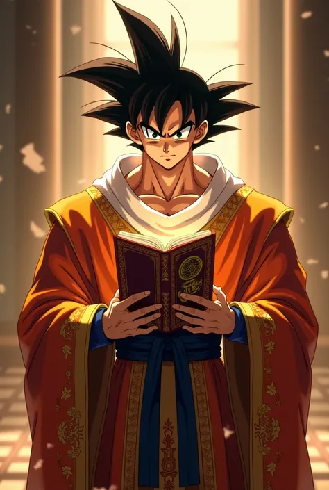 Goku in priests clothing holding a bible