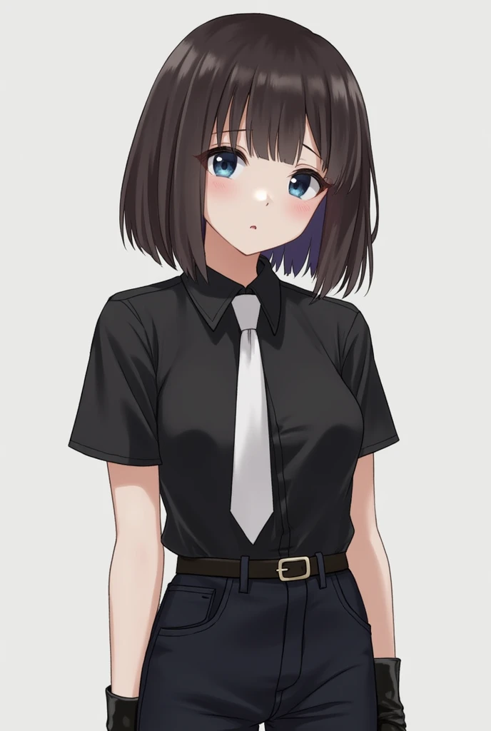  ×Girl with Dark-brown-haired hair under the square, with dark blue tired eyes, black short sleeve shirt, white tie,  black jeans , belt on the waist,  Black gloves , tall Dark-colored boots× cute pose , 