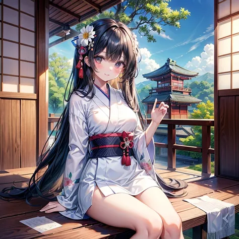 (( best quality)), ((masterpiece)), (  Details), ( super resolution)、Cute girl、 very young 、solo、
( black hair、pattsun maegami、Flower Hair Ornaments)、 medium breasts、
 perfect face、超 Detailsな肌、(Perfect Fingers、Perfect hands)、 perfect body、
( white kimono)、...